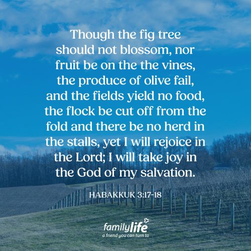 Friday, January 16, 2026
Habakkuk 3:17-18
Though the fig tree should not blossom, nor fruit be on the vines, the produce of olive fail, and the fields yield no food, the flock be cut off from the fold and there be no herd in the stalls, yet I will rejoice in the Lord; I will take joy in the God of my salvation. How do you praise the Lord when life feels hard? Maybe you&rsquo;ve lost your job, your finances are tight, or you just don&rsquo;t know what&rsquo;s next. The key is remembering that even in seasons of loss and uncertainty, joy isn&rsquo;t found in circumstances&mdash;it&rsquo;s found in God Himself, who never fails and whose love never runs out.