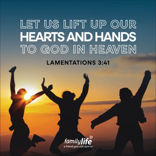 Thursday, October 8, 2026
Lamentations 3:41
Let us lift up our hearts and hands to God in heaven. When watching a sporting event or a concert, we naturally lift our hands for our favorite team or our favorite singer. But if you think about it, they don’t know the hard days you’ve walked through. Yet God has been there through all of it. So today, why not lift your hands to the One who’s always been with you!