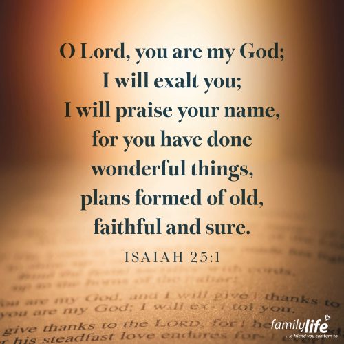 Tuesday, November 11, 2025
Isaiah 25:1
O Lord, you are my God; I will exalt you; I will praise your name, for you have done wonderful things, plans formed of old, faithful and sure. If you take a moment to think about the Bible, it’s truly astounding. From Genesis to Revelation, it’s one story—God’s story. The promises, the prophecies…God Himself authored it all, faithfully weaving together every detail from beginning to end.