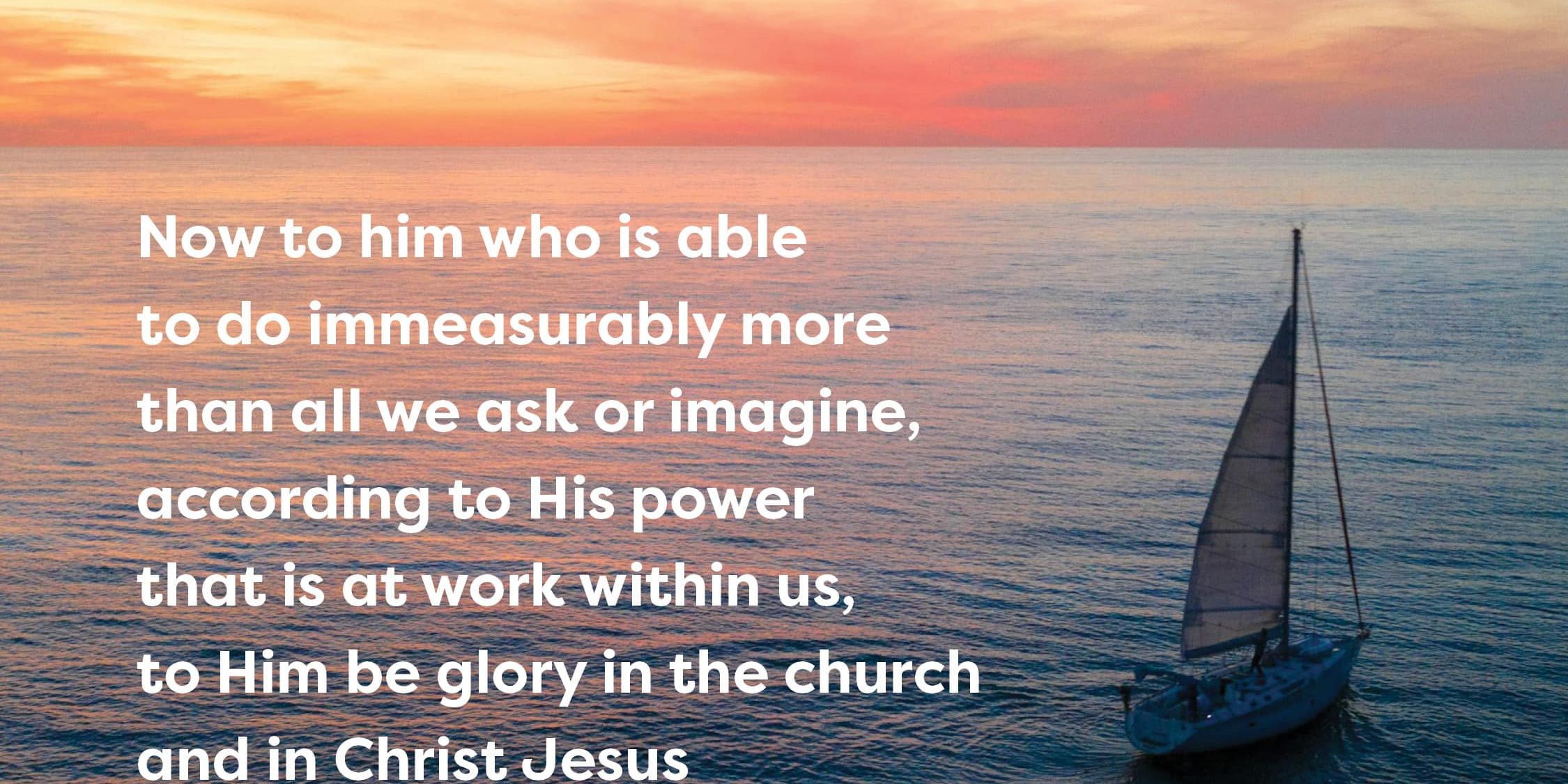 An excerpt of the daily verse with a sailboat on calm waters at sunset in the background