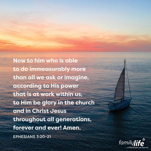 An excerpt of the daily verse with a sailboat on calm waters at sunset in the background