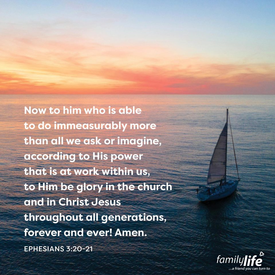 An excerpt of the daily verse with a sailboat on calm waters at sunset in the background