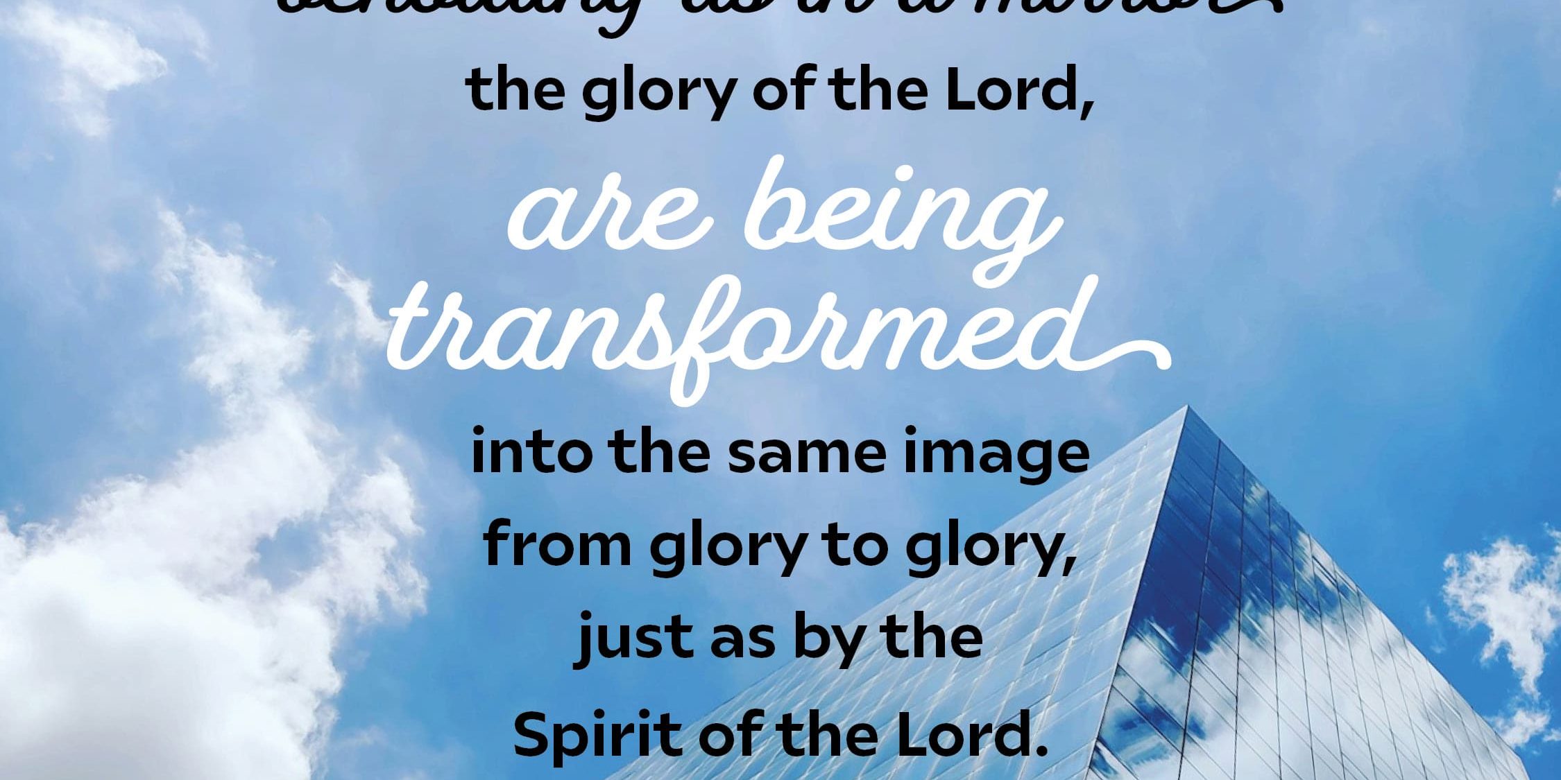 An excerpt of the daily verse with an upwards shot of a skyscraper on a sunny day in the background