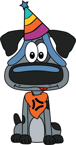 Flin wearing a birthday hat