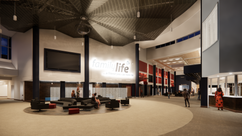 A render of the performing arts lobby in the upcoming family life headquarters